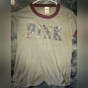 Pink Victoria's Secret  T-Shirt with Sequin Logo - Gray and Maroon